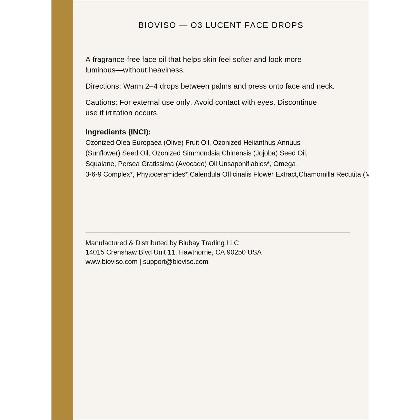 BioVISO O3 Lucent Face Drops - 30 mL back label