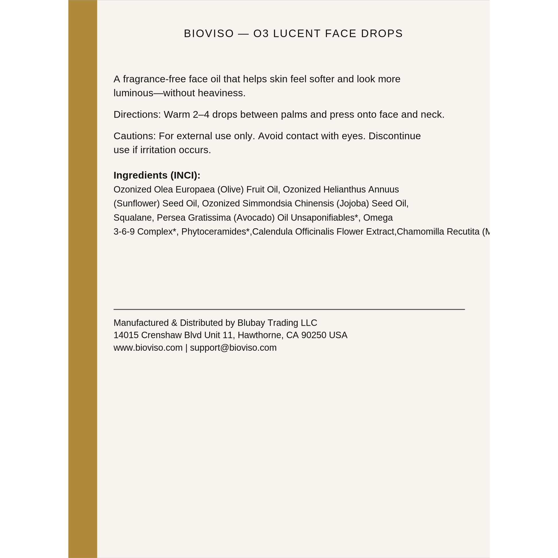 BioVISO O3 Lucent Face Drops - 30 mL back label